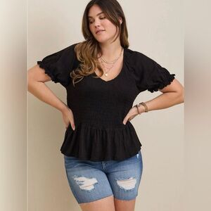 Torrid Black V-Neck Cotton Blend Smocked Bodice Short Sleeve Peplum Blouse